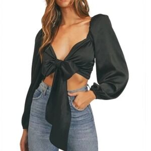 Mabel Isabella Silk Wrap Top S Black Satin Puff Shoulder‎ Long Sleeve Cropped